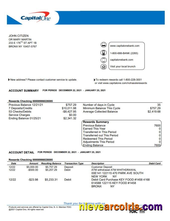 USA Capital One bank statement in Word and PDF format, version 4